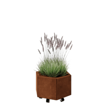 Cortenstahl Pflanzkübel - Sechseckig - 59,3 x 52 x 30 cm - Mit Bodenplatte - Mit Rollen