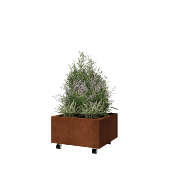 Cortenstahl Pflanzkübel - Viereckig - 60 x 60 x 30 cm - Mit Bodenplatte - Mit Rollen