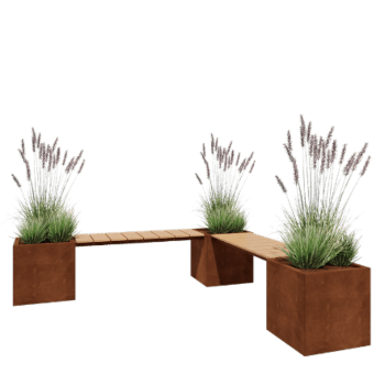 Cortenstahl Pflanzkübel - Viereckig - Eckanordnung - 221,2 x 221,2 x 50 cm - Mit Gartenbank - Mit Bodenplatte