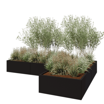 Pflanzkübel aus Stahl - L-Form - 300 x 200 x 40 cm - RAL9005 matte (schwarz) - Mit Bodenplatte