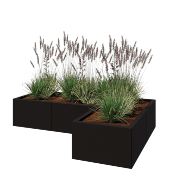 Pflanzkübel aus Stahl - L-Form - 150 x 100 x 30 cm - RAL9005 matte (schwarz) - Mit Bodenplatte