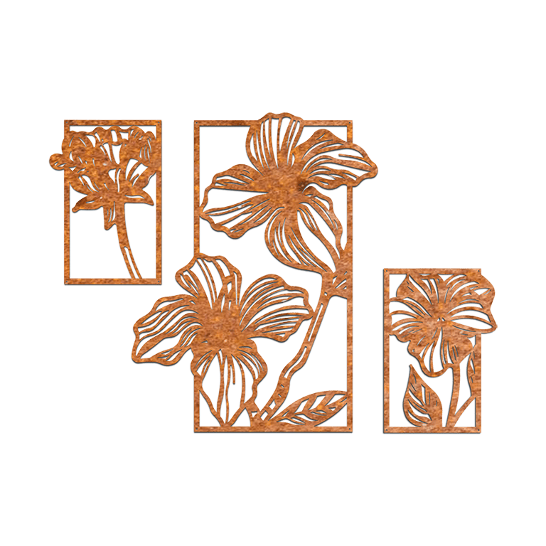 Wanddekoration aus Cortenstahl Blumen 3-teilig