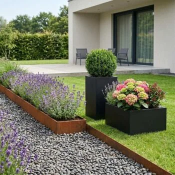 Pflanzkübel aus Stahl - Rechteckig - 80 x 60 x 40 cm - RAL9005 matte (schwarz) - Mit Bodenplatte - Mit Rollen