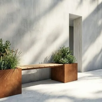 Cortenstahl Pflanzkübel - Viereckig - 221,2 x 50 x 50 cm - Mit Gartenbank - Mit Bodenplatte
