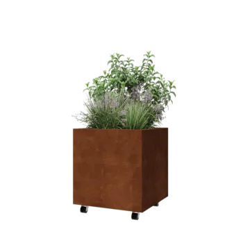 Cortenstahl Pflanzkübel - Viereckig - 60 x 60 x 60 cm - Mit Bodenplatte - Mit Rollen
