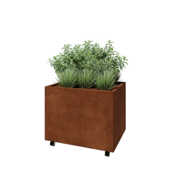 Cortenstahl Pflanzkübel - Rechteckig - 80 x 60 x 60 cm - Mit Bodenplatte - Mit Rollen