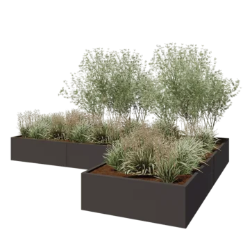 Pflanzkübel aus Stahl - L-Form - 360 x 240 x 40 cm - Andere RAL farbe - Mit Bodenplatte