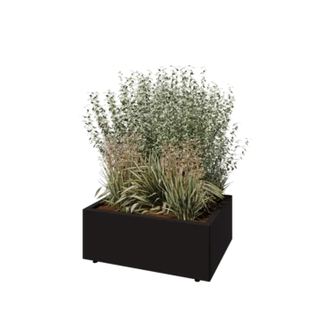 Pflanzkübel aus Stahl - Rechteckig - 80 x 60 x 30 cm - RAL9005 matte (schwarz) - Mit Bodenplatte - Mit Füßen