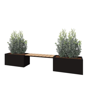 Pflanzkübel aus Stahl - Rechteckig - 321,2 x 50 x 50 cm - RAL9005 matte (schwarz) - Mit Bodenplatte - Mit Gartenbank